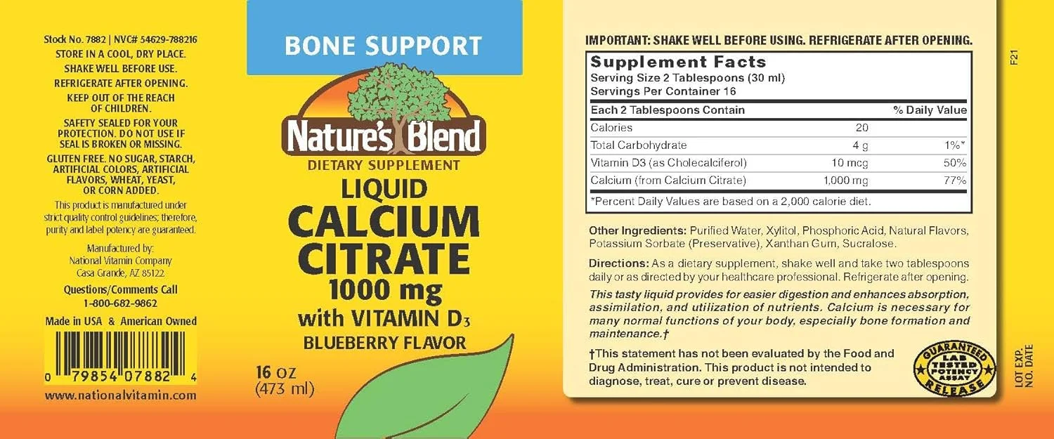 مایع سیترات کلسیم 1000 میلی گرم Nature's Blend با ویتامین D3، طعم بلوبری، 473 میلی لیتر مایع سیترات کلسیم 1000 میلی گرم Nature's Blend با ویتامین D3، طعم بلوبری، 473 میلی لیتر
