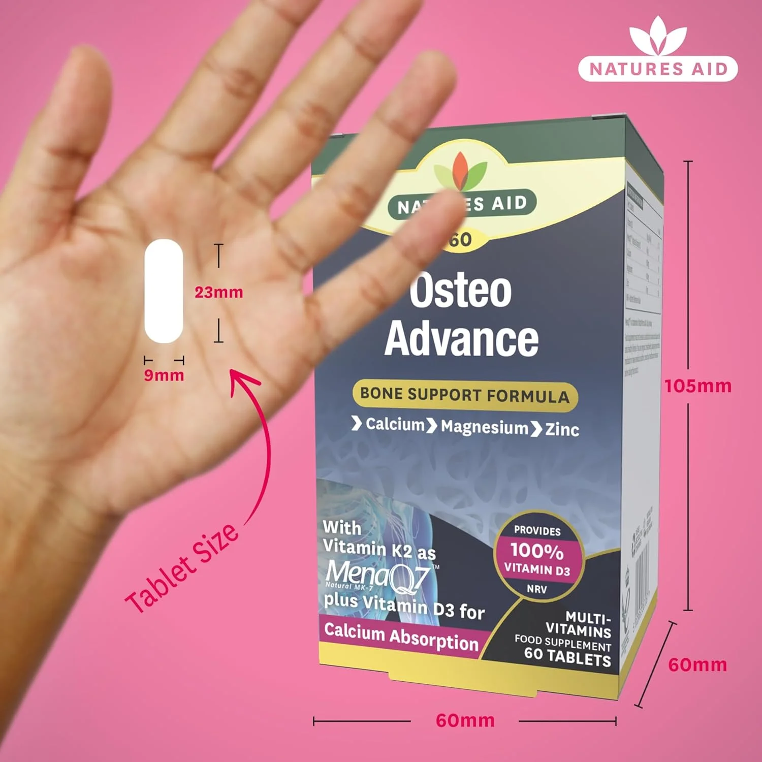 مکمل پیشرفته استئو نیچرز اید | حاوی مناکیو۷، ویتامین D3، کلسیم، منیزیم و زینک | کمک به حفظ سلامت استخوان ها و دندان ها | 60 قرص مکمل پیشرفته استئو نیچرز اید | حاوی مناکیو۷، ویتامین D3، کلسیم، منیزیم و زینک | کمک به حفظ سلامت استخوان ها و دندان ها | 60 قرص