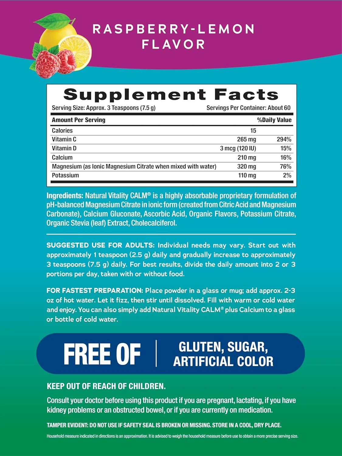 پودر مکمل کلسیم و منیزیم نچرال ویتالیتی کالم پلاس (تمشک لیمو، 453 گرم)