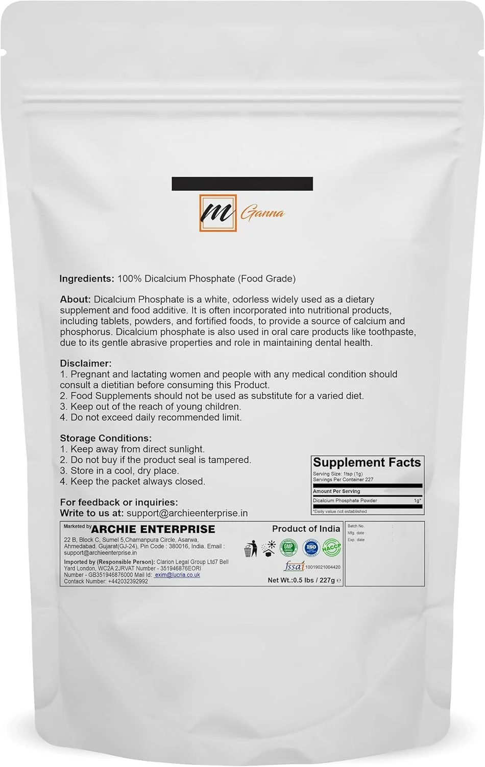 دی کلسیم فسفات برای غذا و لوازم آرایشی ۲۲۷ گرم / ۰.۵ پوند