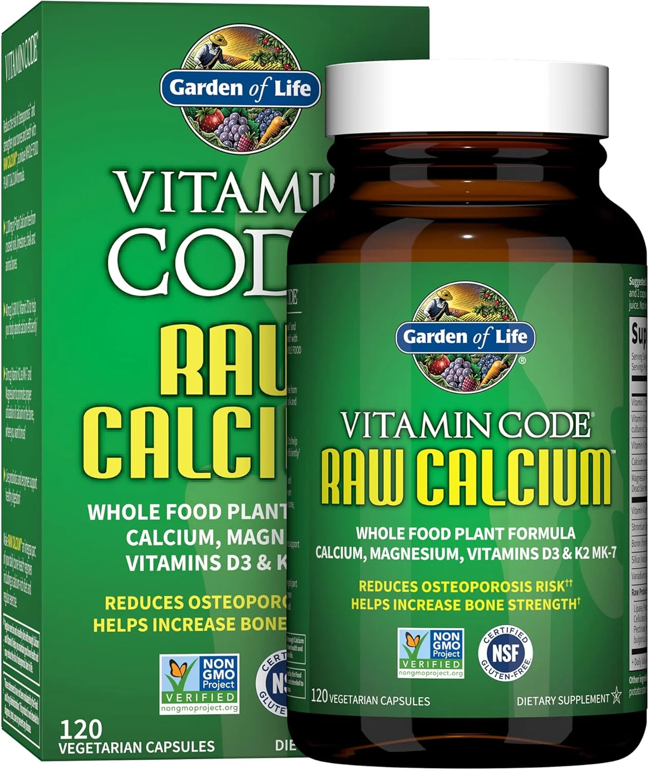 مکمل کلسیم خام Garden of Life - ویتامین کلسیم غذایی کامل Vitamin Code برای سلامت استخوان، گیاهی، 120 کپسول