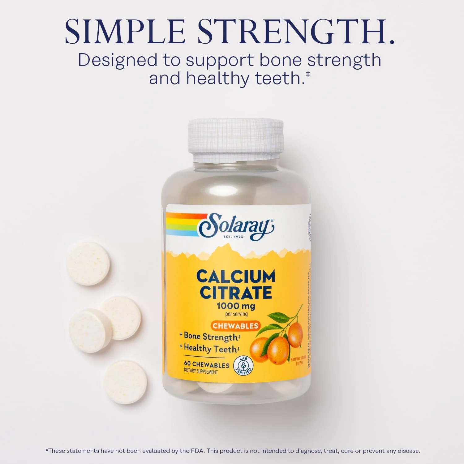 سیترات کلسیم جویدنی سولارای، بدون شکر، با طعم طبیعی پرتقال، 1000 میلی گرم سیترات کلسیم جویدنی سولارای، بدون شکر، با طعم طبیعی پرتقال، 1000 میلی گرم