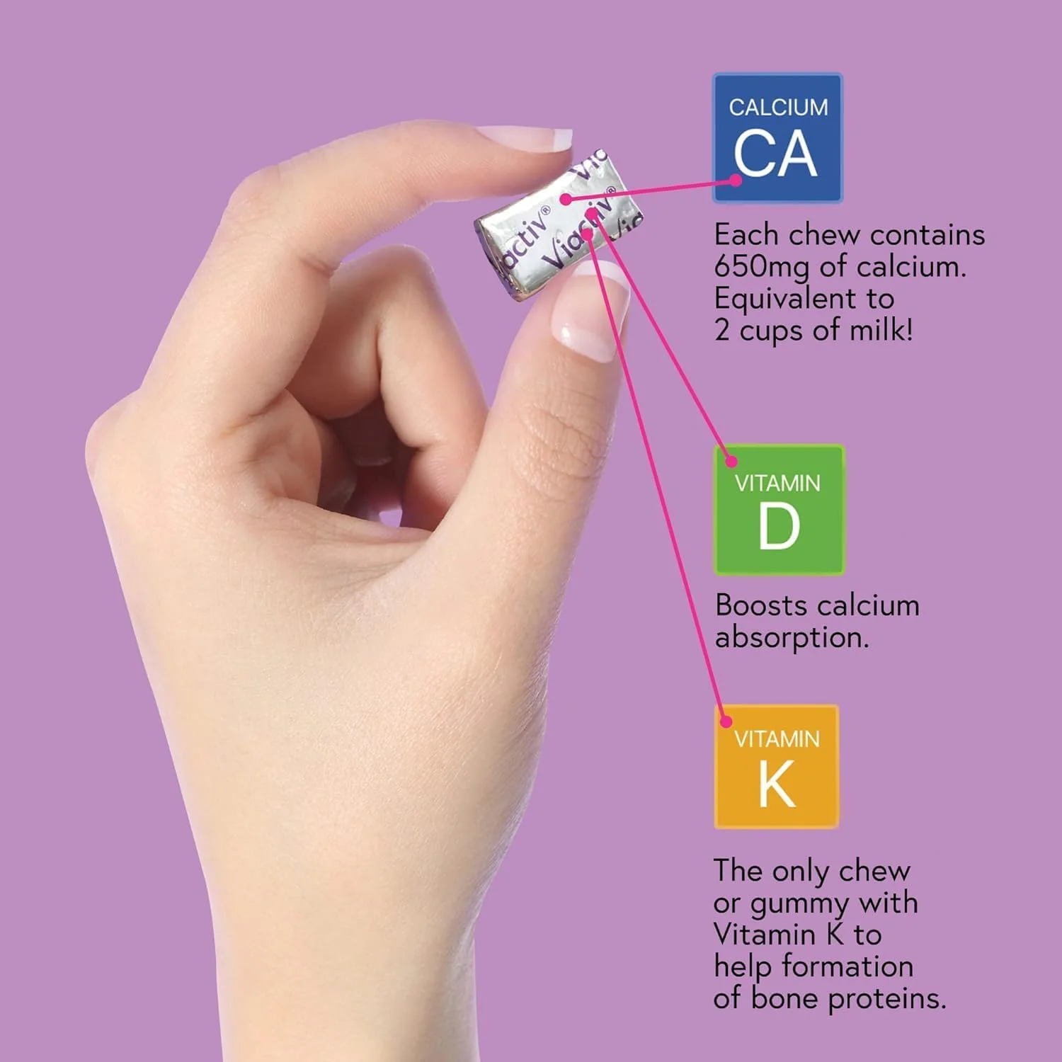جویدنی های نرم مکمل کلسیم پلاس ویتامین D ویاکتیو، قهوه ای، شکلات شیری، 180 عدد جویدنی های نرم مکمل کلسیم پلاس ویتامین D ویاکتیو، قهوه ای، شکلات شیری، 180 عدد