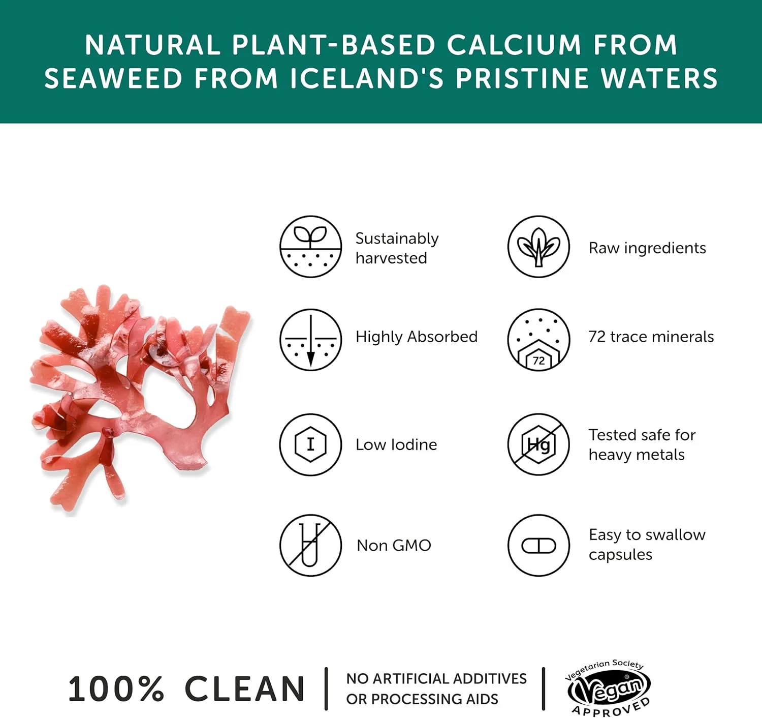 کلسیم دریایی سلامت با پایه جلبک دریایی به همراه ۷۲ ماده معدنی کمیاب، مناسب گیاهخواران، ساخت انگلستان، ۶۰ کپسول گیاهی
