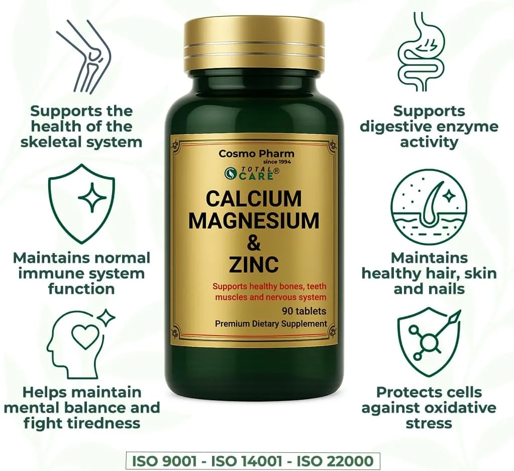 کلسیم منیزیم زینک - 90 قرص - وگان - بدون گلوتن - بدون شکر - فرمول روزانه کلسیم منیزیم زینک - 90 قرص - وگان - بدون گلوتن - بدون شکر - فرمول روزانه