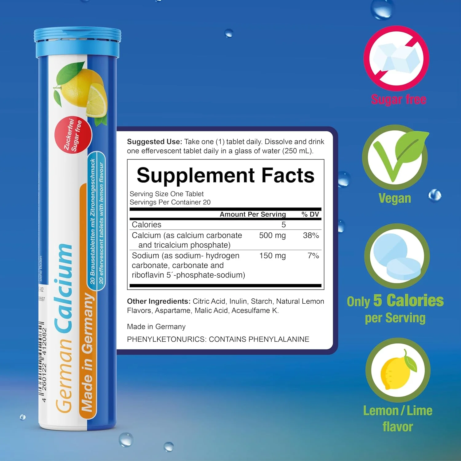 کلسیم T&D 500 میلی گرم - 5 بسته 20 عددی قرص جوشان - طعم لیمو - کلسیم آلمانی T&D Pharma