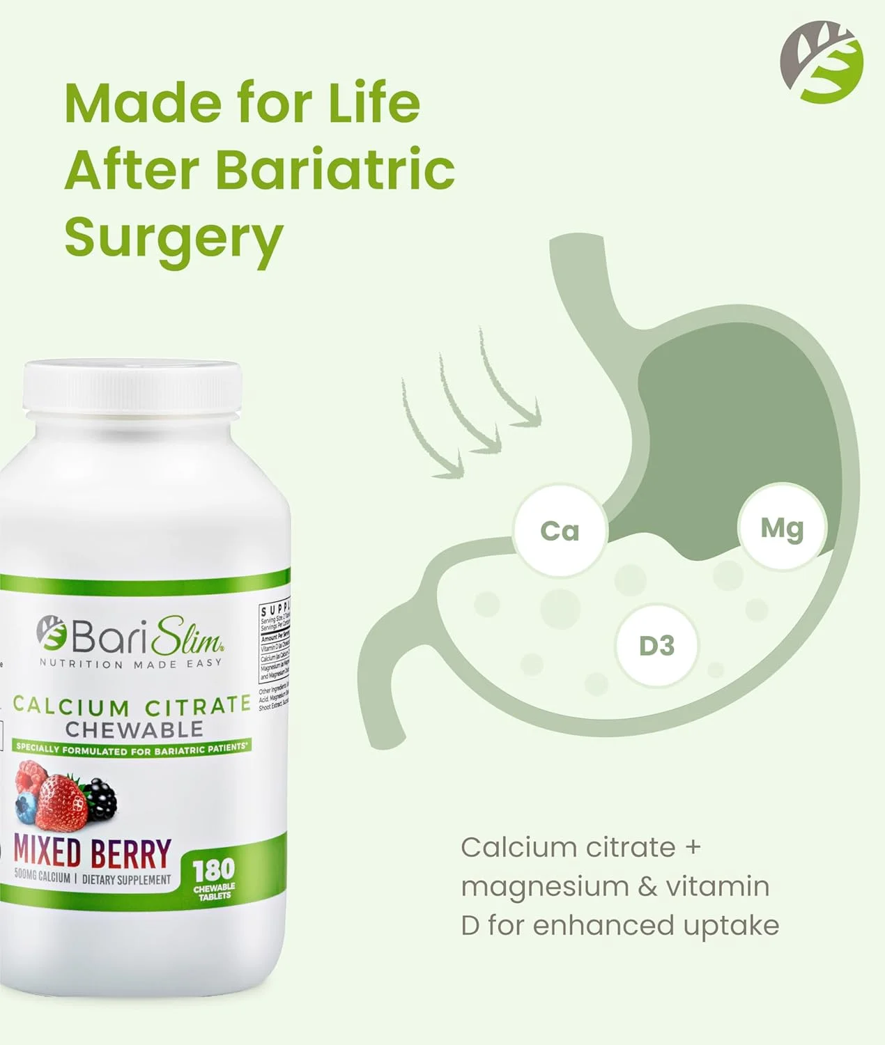 باری اسلیم سیترات کلسیم باریاتریک با منیزیم و ویتامین D - 500 میلی گرم سیترات کلسیم در هر وعده - فرموله شده برای بیماران بعد از جراحی کاهش وزن - توت مخلوط