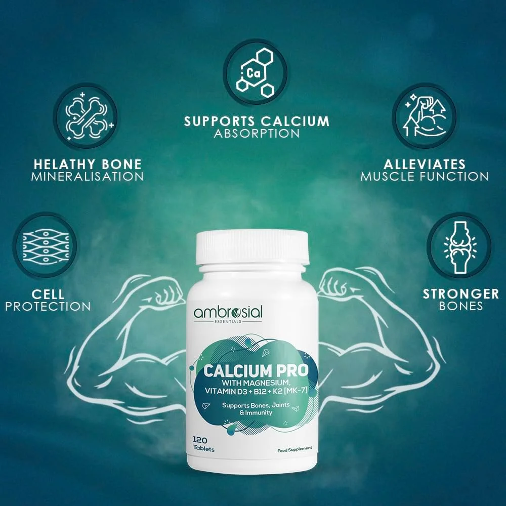 کلسیم پرو آمبروسیال | سیترات مالات کلسیم به همراه منیزیم، روی، ویتامین D3، B12 و K2 MK-7 | حاوی عصاره یونجه و مورینگا | مکمل معدنی روزانه | 120 قرص کلسیم پرو آمبروسیال | سیترات مالات کلسیم به همراه منیزیم، روی، ویتامین D3، B12 و K2 MK-7 | حاوی عصاره یونجه و مورینگا | مکمل معدنی روزانه | 120 قرص