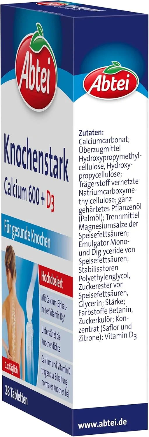 Abtei Bone Strong کلسیم 600 + D3 - دوز بالا - مکمل غذایی برای استخوان های سالم - بدون گلوتن، بدون لاکتوز، مناسب برای گیاهخواران - 1 بسته 28 قرص روکش دار