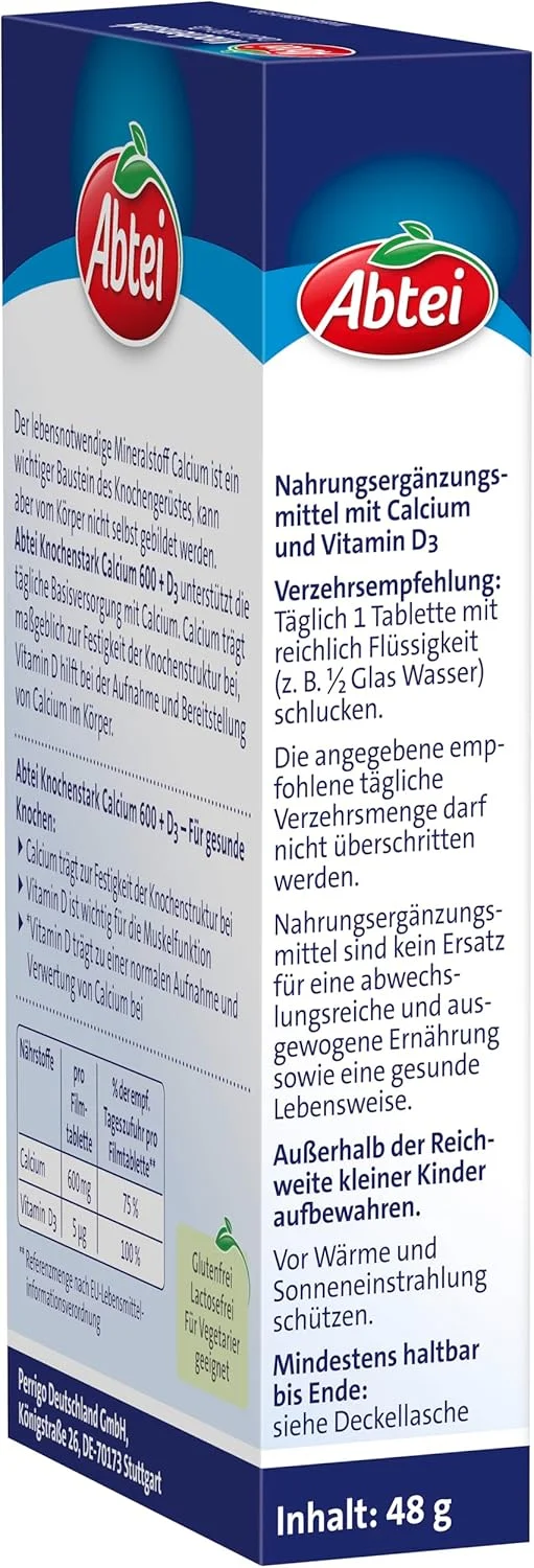 Abtei Bone Strong کلسیم 600 + D3 - دوز بالا - مکمل غذایی برای استخوان های سالم - بدون گلوتن، بدون لاکتوز، مناسب برای گیاهخواران - 1 بسته 28 قرص روکش دار