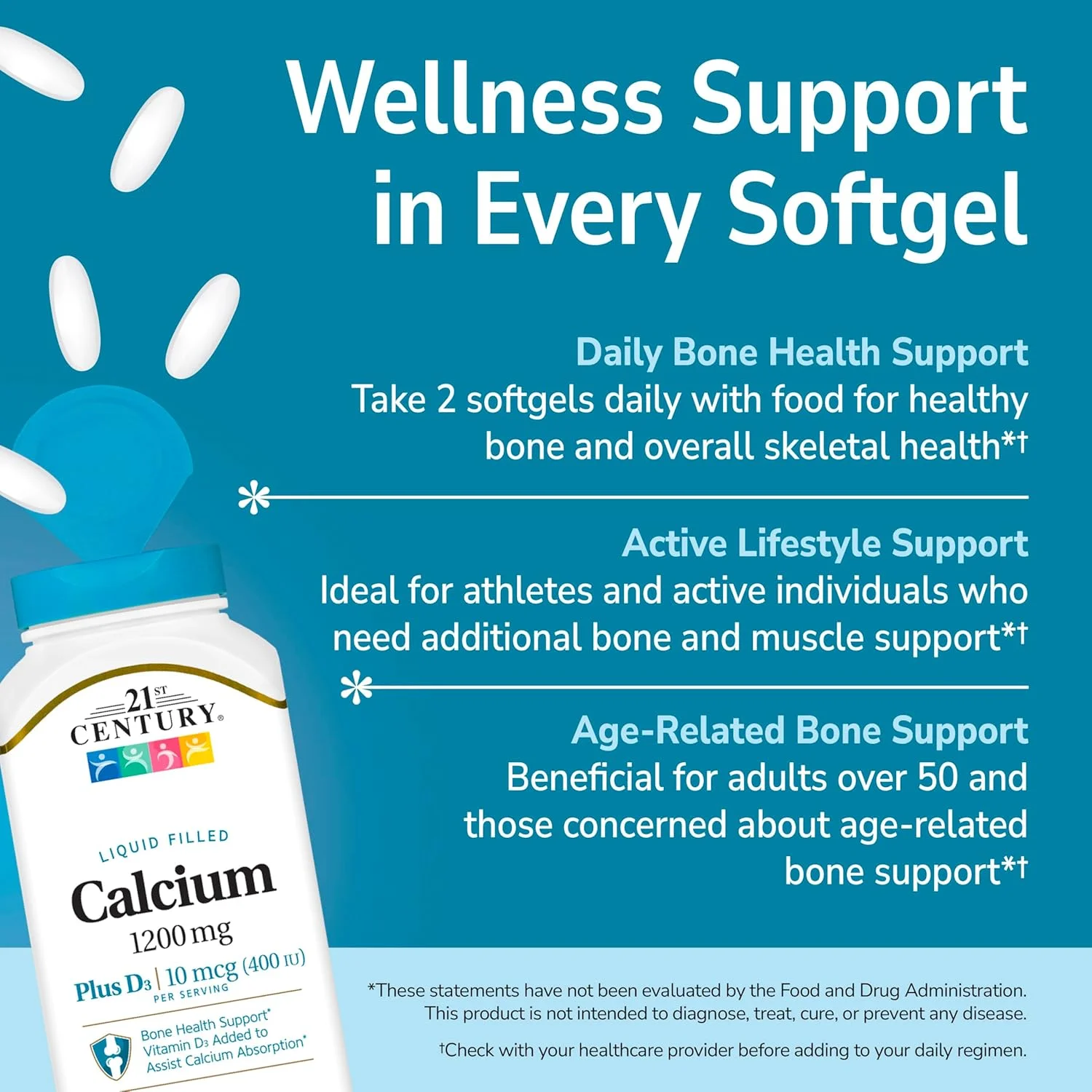 کپسول ژله ای حاوی کلسیم و ویتامین D3 21st Century، 1200 میلی گرم