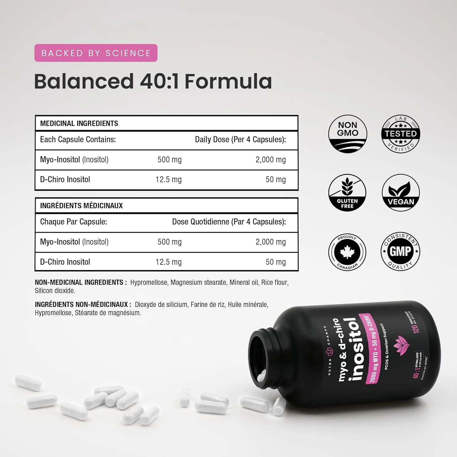 مکمل میو-اینوزیتول و دی-کایرو اینوزیتول [نسبت 40:1] پودر B8 تقویت شده با ویتکس و فولیک اسید | پشتیبانی از تخمدان و PCOS + باروری و تعادل هورمونی برای زنان و مردان | 90 کپسول گیاهی