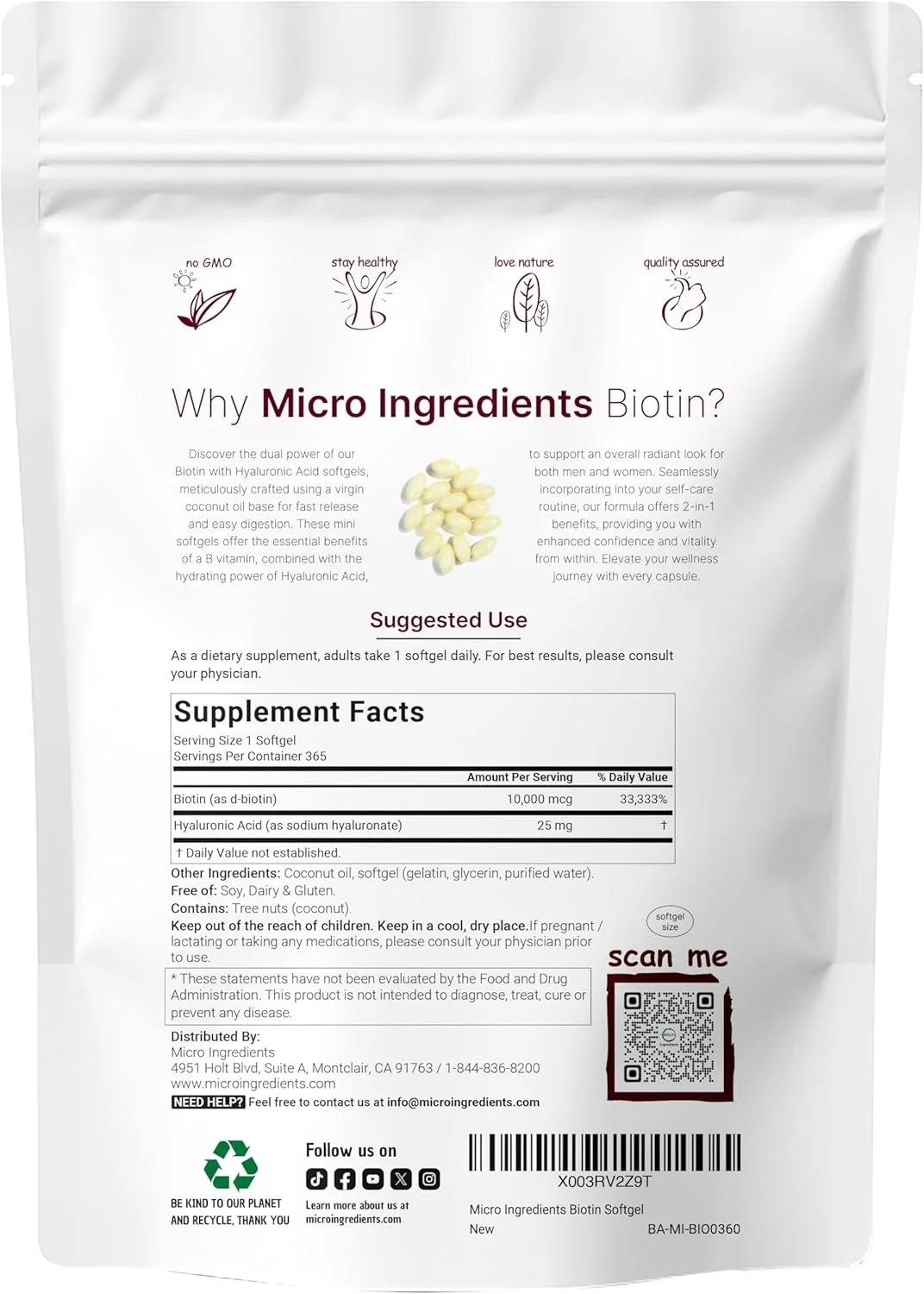 میکرو اینگرِدیِنتس بیوتین 10000 میکروگرم به همراه اسید هیالورونیک 25 میلی‌گرم | 365 سافت‌ژل روغن نارگیل خالص، رهش سریع، تامین یک ساله، پشتیبانی از سلامت مو، پوست و ناخن، غیر تراریخته و بدون گلوتن