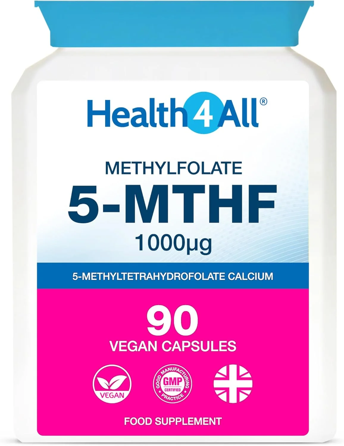 متیل فولات 5-MTHF 1000 میکروگرم، 90 کپسول (مناسب گیاهخواران) (نه قرص) - فرم فعال فولیک اسید برای دوران بارداری سالم، غنی شده با سیترات منیزیم. ساخت انگلستان توسط Health4All