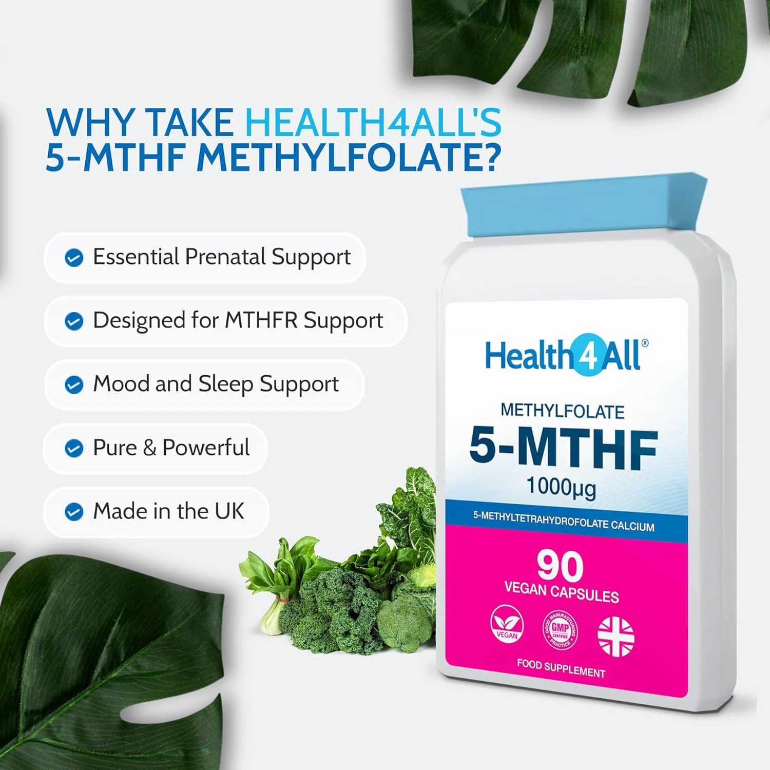 متیل فولات 5-MTHF 1000 میکروگرم، 90 کپسول (مناسب گیاهخواران) (نه قرص) - فرم فعال فولیک اسید برای دوران بارداری سالم، غنی شده با سیترات منیزیم. ساخت انگلستان توسط Health4All