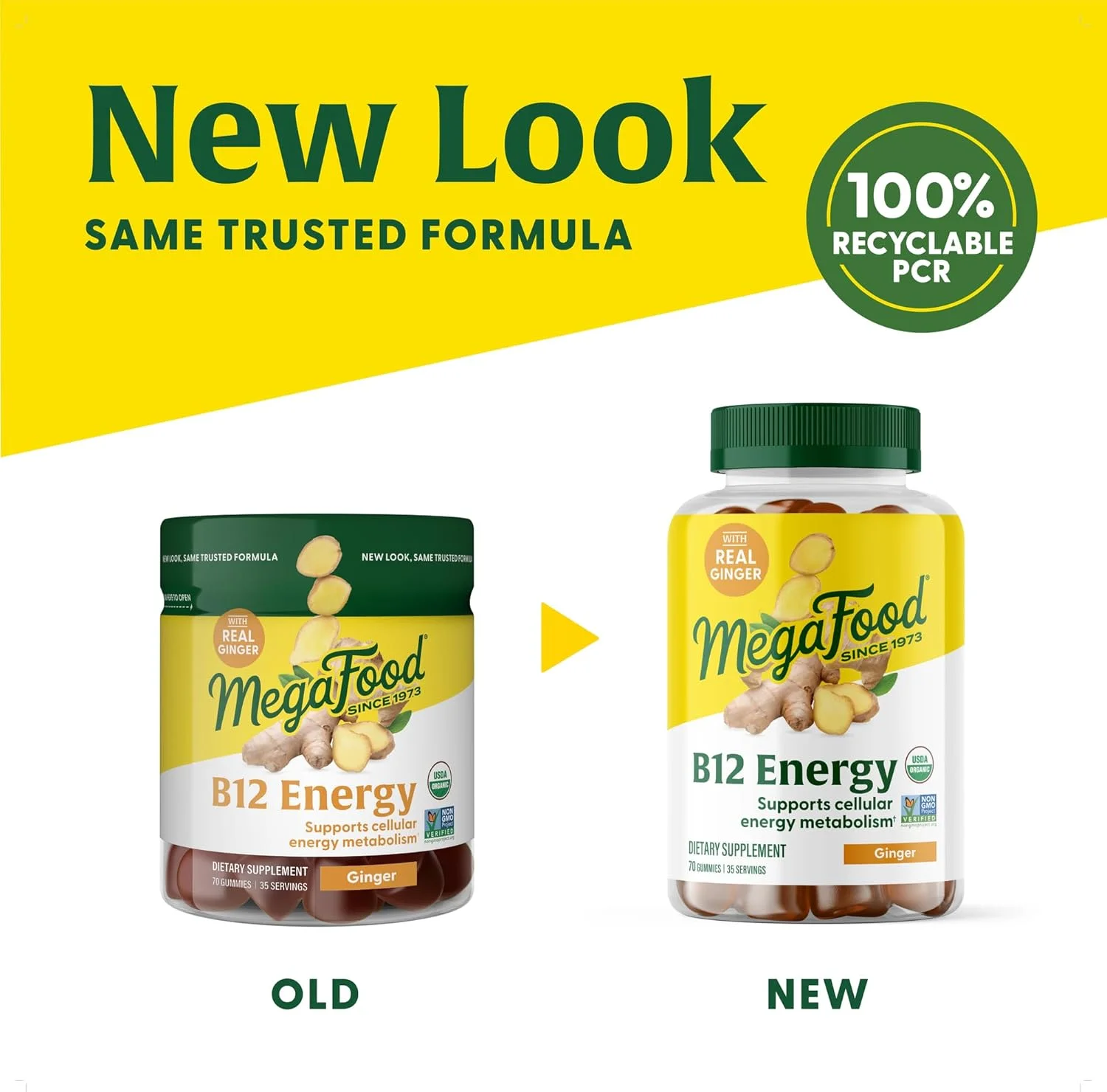 پاستیل زنجبیلی انرژی B12 ارگانیک تایید شده مگافود، مکمل ویتامین B12 جویدنی نرم برای پشتیبانی از انرژی سلولی، بدون گلوتن، وگان، 70 پاستیل (35 سروینگ)