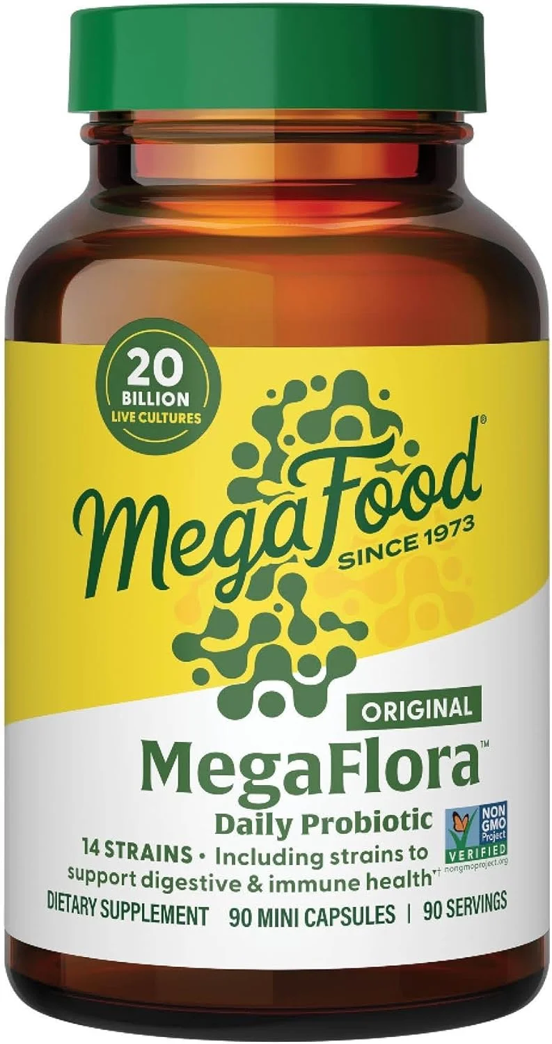 مکمل پروبیوتیک MegaFood MegaFlora - مکمل پشتیبانی از دستگاه گوارش با 20 میلیارد CFU - 14 سویه پروبیوتیک - غیر GMO، وگان و بدون گلوتن - ساخته شده بدون 9 ماده آلرژی زا - 90 کپسول