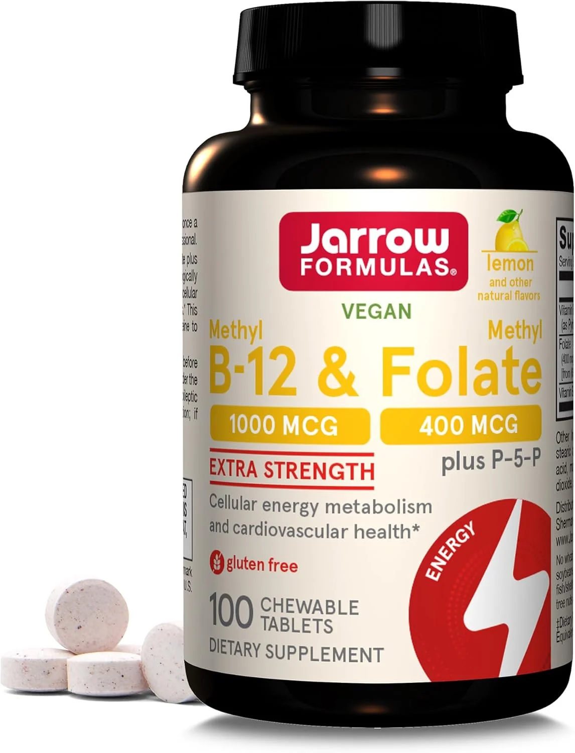 قرص های جویدنی متیل B-12 و متیل فولات Jarrow Formulas - 100 عدد، طعم لیمو - ویتامین B12 و B9 فعال - پشتیبانی از تولید انرژی، عملکرد مغز و متابولیسم - فاقد گلوتن - 100 سروینگ