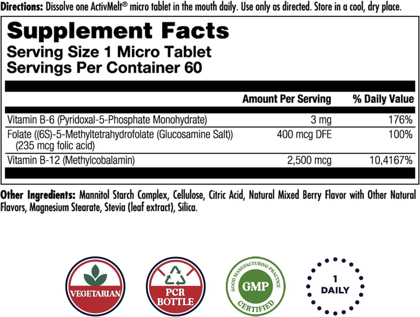 کال، ب-۶ ب-۱۲ متیل فولات، توت مخلوط، ۳ میلی‌گرم/ ۲۵۰۰/۴۰۰ میکروگرم، ۶۰ میکرو قرص