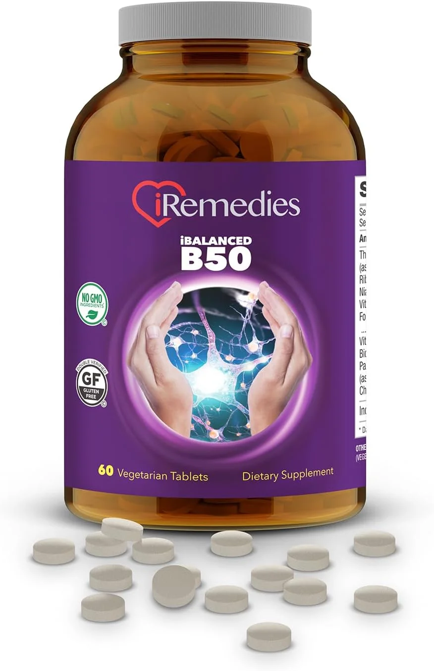 مکمل ویتامین B-50 متعادل iRemedies – مکمل کامل ویتامین B برای انرژی، پشتیبانی از استرس و سلامتی کلی – 60 قرص گیاهی مکمل ویتامین B-50 متعادل iRemedies – مکمل کامل ویتامین B برای انرژی، پشتیبانی از استرس و سلامتی کلی – 60 قرص گیاهی
