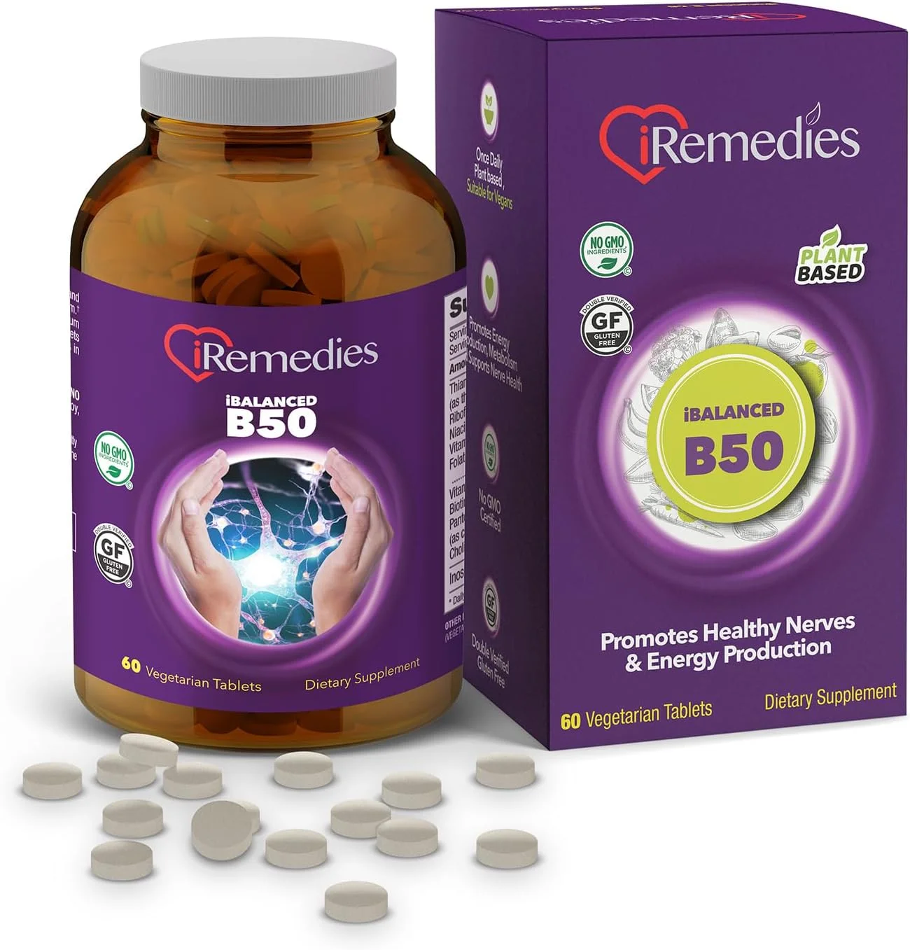 مکمل ویتامین B-50 متعادل iRemedies – مکمل کامل ویتامین B برای انرژی، پشتیبانی از استرس و سلامتی کلی – 60 قرص گیاهی