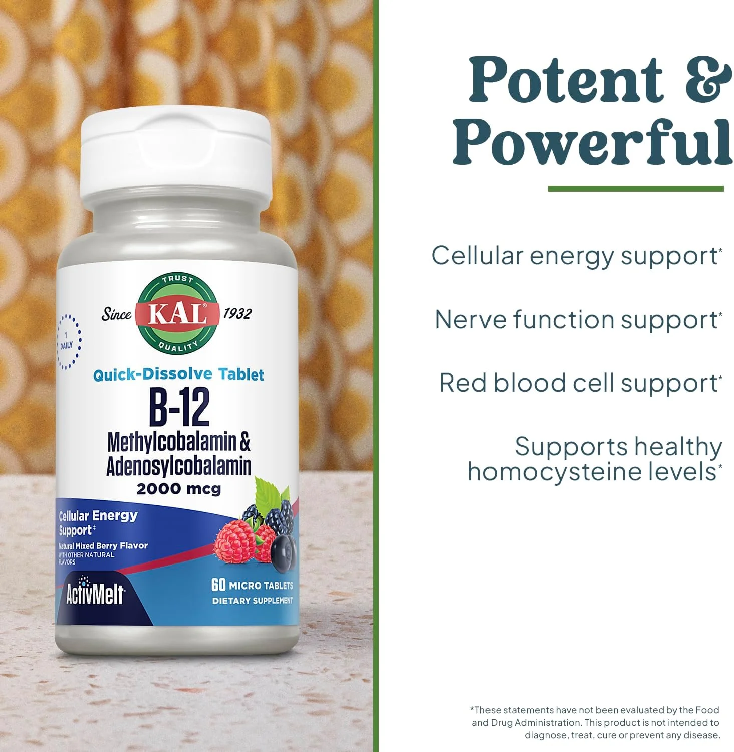 قرص زیر زبانی B-12 متیل کوبالامین و آدنوزیل کوبالامین کَل، طعم توت مخلوط، 60 عدد (2000 میکروگرم) قرص زیر زبانی B-12 متیل کوبالامین و آدنوزیل کوبالامین کَل، طعم توت مخلوط، 60 عدد (2000 میکروگرم)