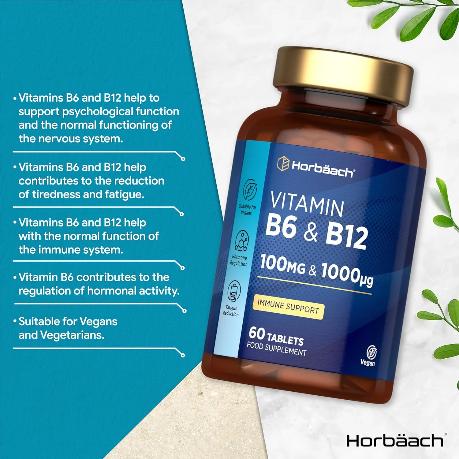 قرص ویتامین ب۱۲ هورباخ ۱۰۰۰ میلی‌گرم + ب۶ ۱۰۰ میلی‌گرم | ۶۰ قرص گیاهی | پشتیبانی از خلق و خو و انرژی | عملکرد منطقی نرمال | برای آقایان و بانوان | بدون مواد نگهدارنده مصنوعی