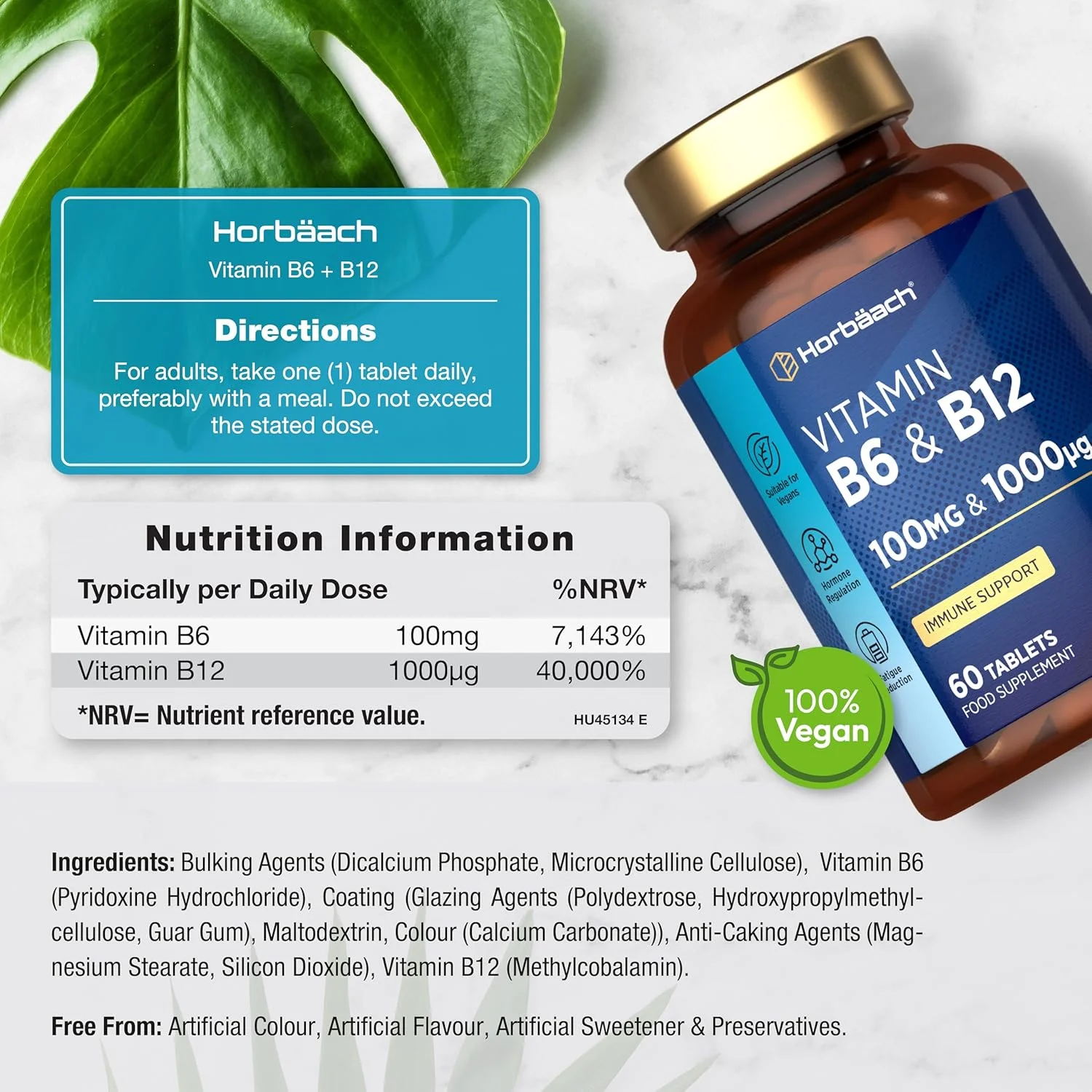 قرص ویتامین ب۱۲ هورباخ ۱۰۰۰ میلی‌گرم + ب۶ ۱۰۰ میلی‌گرم | ۶۰ قرص گیاهی | پشتیبانی از خلق و خو و انرژی | عملکرد منطقی نرمال | برای آقایان و بانوان | بدون مواد نگهدارنده مصنوعی