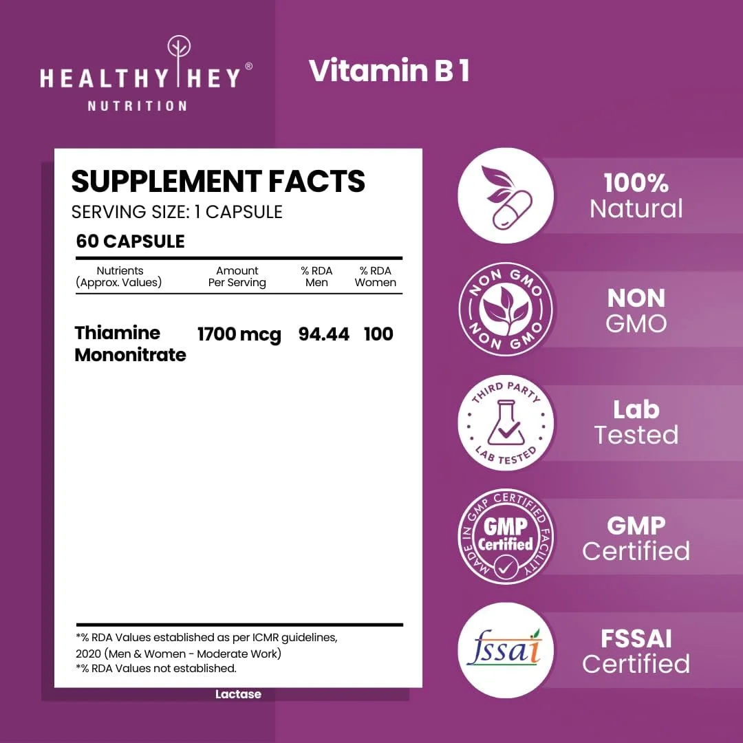 کپسول های گیاهی ویتامین ب۱ تیامین HealthyHey Nutrition - ۱۲۰ عدد