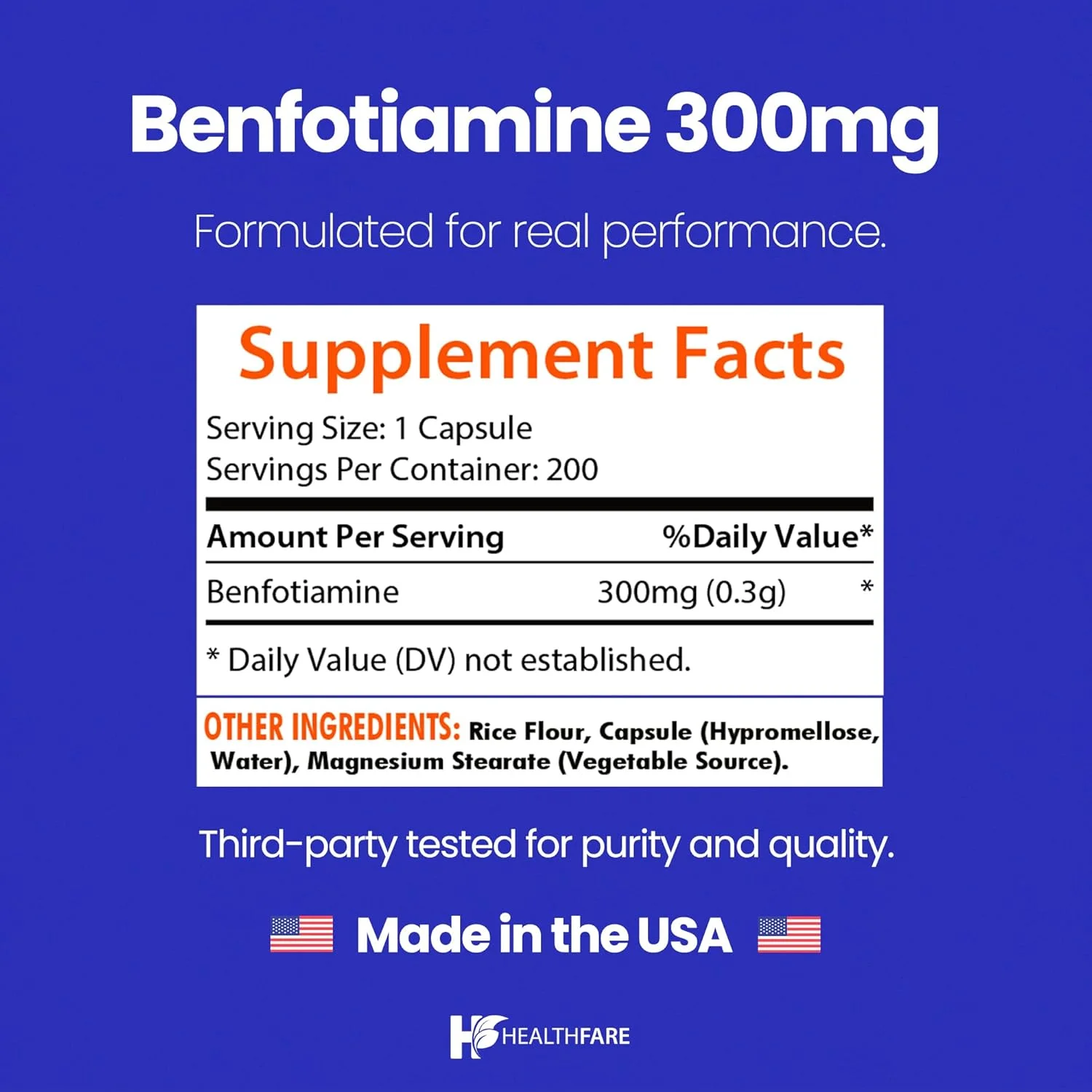 بنفوتیامین Healthfare 300 میلی گرم | 200 کپسول | تیامین محلول در چربی ویتامین B1 | پشتیبانی از سلامت کلی | غیر GMO | بدون گلوتن