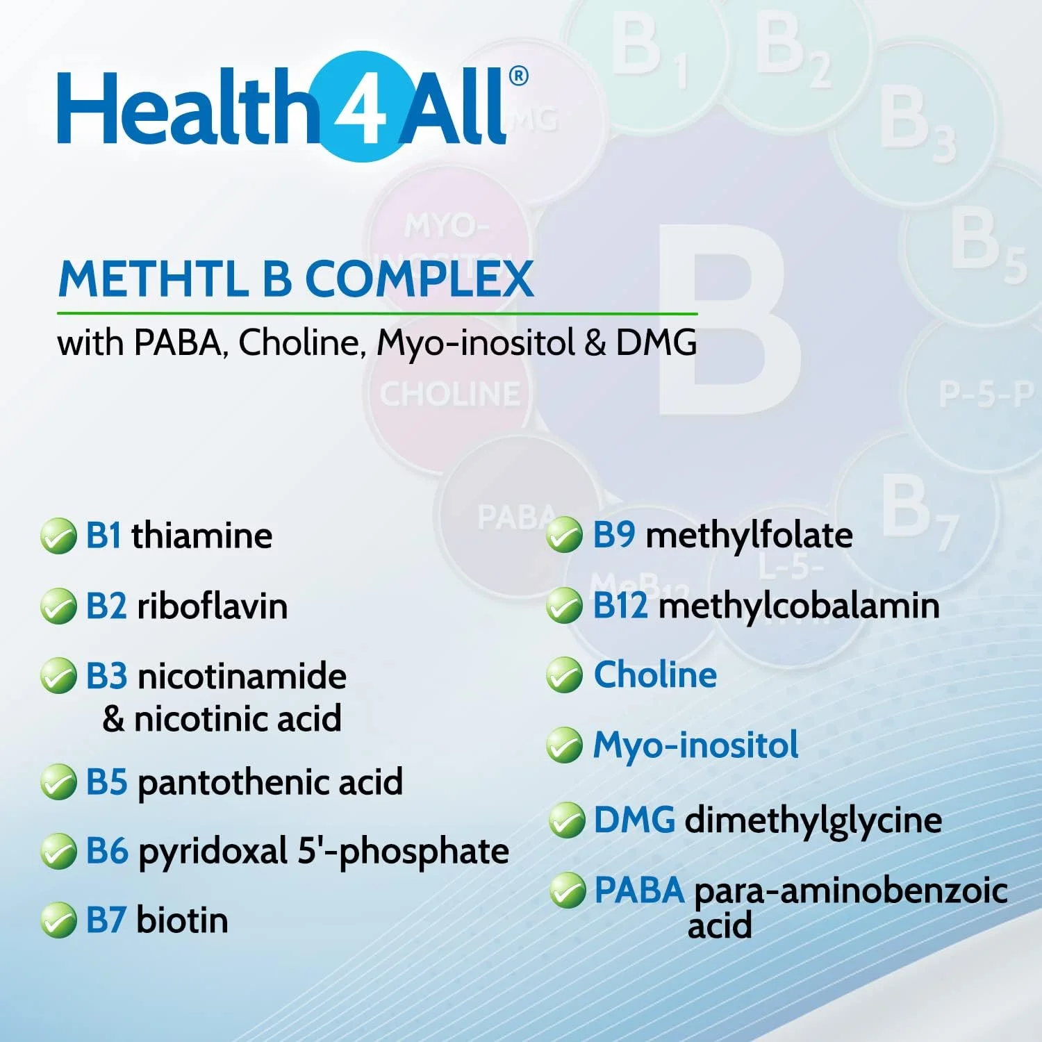 کپسول های کمپلکس متیل B هلث فور آل (60 عدد) (نه قرص) حاوی متیل کوبالامین، متیل فولات، P5P، کولین، میو-اینوزیتول، DMG و PABA برای حمایت از کاهش استرس، افزایش انرژی و متیلاسیون. ساخت انگلستان