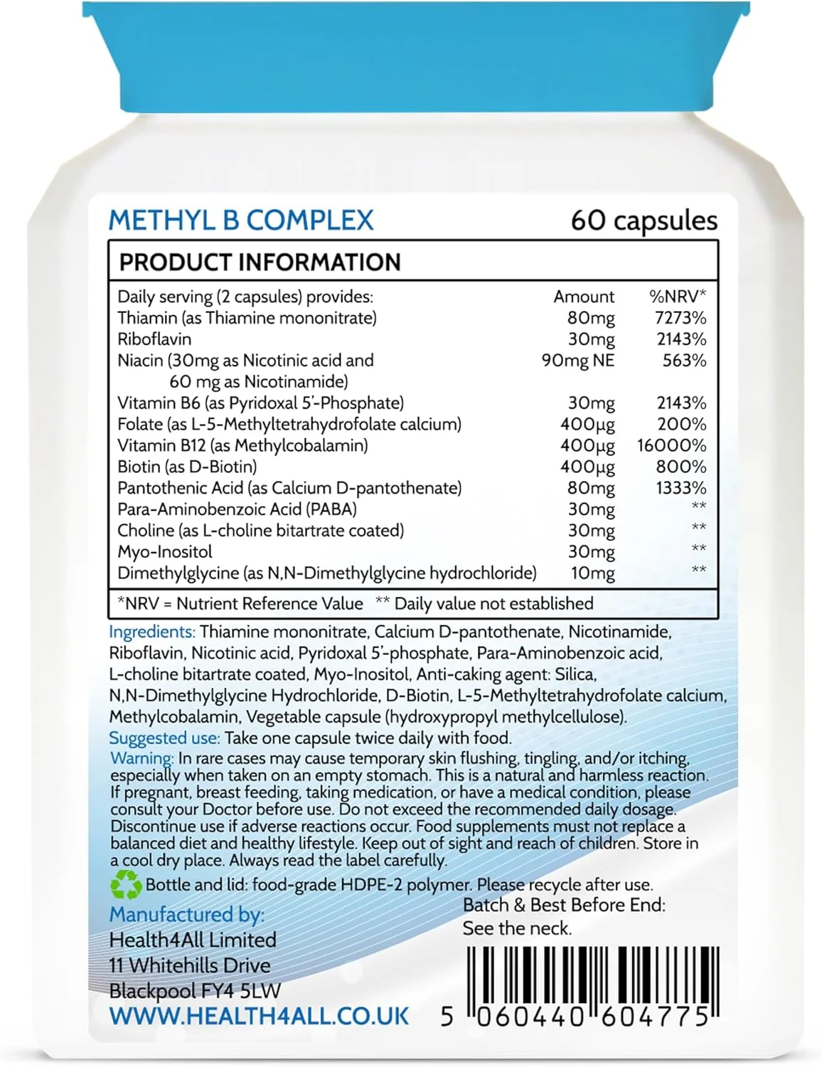 کپسول های کمپلکس متیل B هلث فور آل (60 عدد) (نه قرص) حاوی متیل کوبالامین، متیل فولات، P5P، کولین، میو-اینوزیتول، DMG و PABA برای حمایت از کاهش استرس، افزایش انرژی و متیلاسیون. ساخت انگلستان