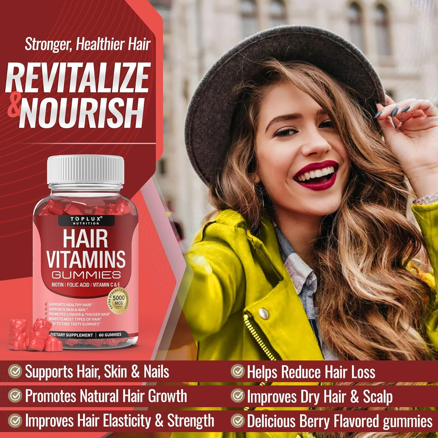 پاستیل های مکمل ویتامین مو برای زنان و مردان - پاستیل های بیوتین 5000 میکروگرم، اسید فولیک، ویتامین C و E، حمایت از موهای قوی تر و ضخیم تر، پوست و ناخن، غیر GMO، 60 عدد