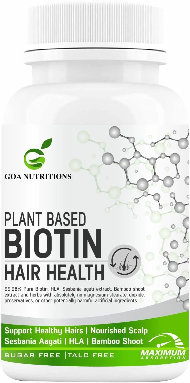 بیوتین گیاهی GOA NUTRITIONS برای رشد مو با HLA، ویتامین B12، C کراتین، سبانیا، چای سبز، مکمل های جوانه بامبو، شوره سر و ریزش مو را برای زنان و مردان محدود می کند - 60 قرص بدون گلوتن