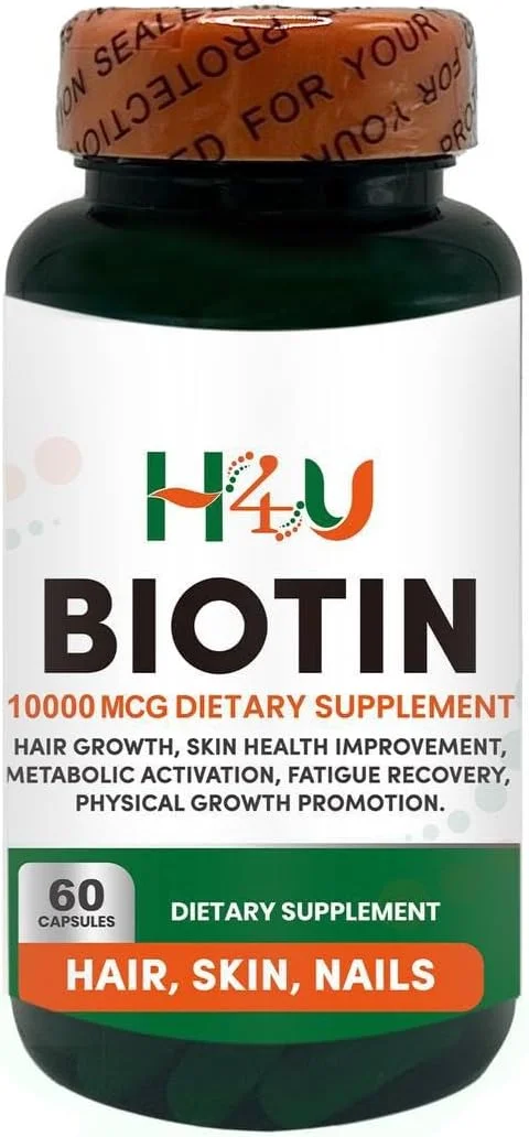 بیوتین 2500 میکروگرم H4U با قدرت مضاعف / 60 عدد، مکمل مو، پوست و ناخن برای مردان و زنان، ویتامین B7، گیاهخواری، وگان، غیر GMO