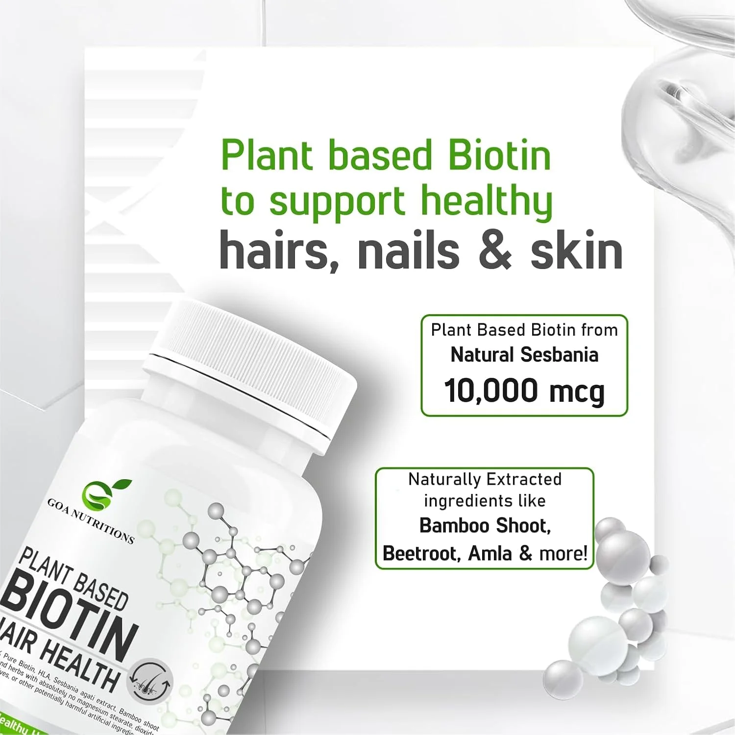 بیوتین گیاهی GOA NUTRITIONS برای رشد مو با HLA، ویتامین B12، C کراتین، سبانیا، چای سبز، مکمل های جوانه بامبو، شوره سر و ریزش مو را برای زنان و مردان محدود می کند - 60 قرص بدون گلوتن