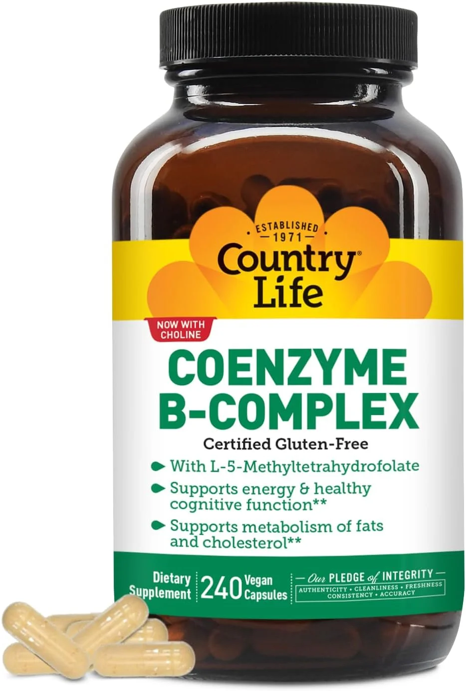 کپسول های کمپلکس ویتامین B کوآنزیم Country Life برای پشتیبانی از انرژی سالم، عملکرد شناختی و متابولیسم کلسترول، شامل متیل فولات و 500 میکروگرم ویتامین B12، بدون گلوتن، وگان و کوشر