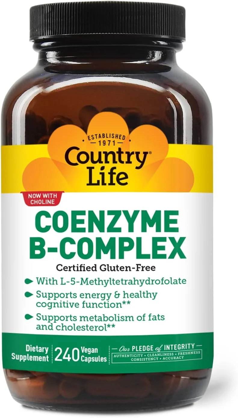 کپسول های کمپلکس ویتامین B کوآنزیم Country Life برای پشتیبانی از انرژی سالم، عملکرد شناختی و متابولیسم کلسترول، شامل متیل فولات و 500 میکروگرم ویتامین B12، بدون گلوتن، وگان و کوشر