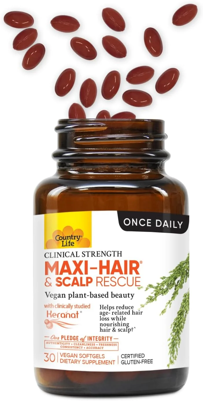 محلول نجات مو و پوست سر Country Life Maxi-Hair، زیبایی گیاهی با قدرت بالینی، 30 سافت ژل، بدون گلوتن