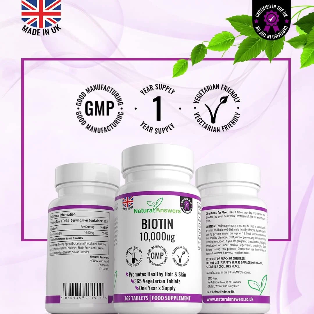مکمل بیوتین برای رشد مو، بیوتین 10000 میکروگرم، 365 قرص (تامین یک ساله)، قرص بیوتین برای مو (ویتامین B7)، ساخت انگلستان، پشتیبانی از رشد طبیعی مو، حفظ پوست و ناخن های نرمال