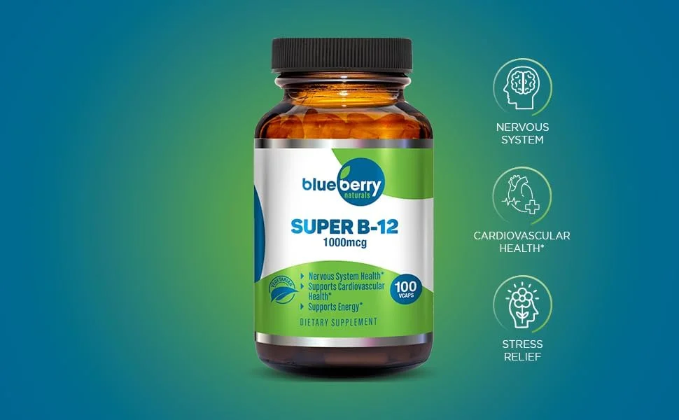 کپسول های گیاهی سوپر B12 بلوبری نچرالز 1000 میکروگرم - 100 عددی | ویتامین B12 متیل کوبالامین با قدرت بالا برای انرژی و سرزندگی