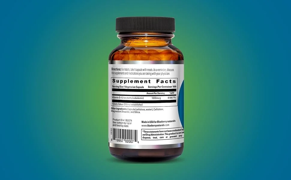 کپسول های گیاهی سوپر B12 بلوبری نچرالز 1000 میکروگرم - 100 عددی | ویتامین B12 متیل کوبالامین با قدرت بالا برای انرژی و سرزندگی