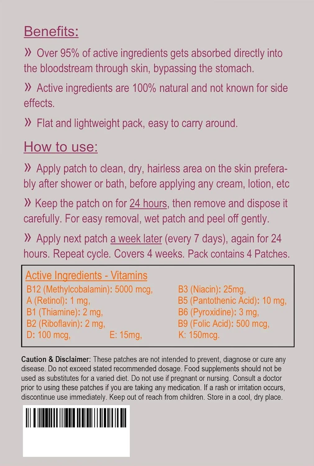 ویتامین ب۱۲-۵۰۰۰ میکروگرم (با قدرت بالا) به همراه ویتامین های اضافی - پچ های ترانس درمال. ۱۰۰٪ مواد طبیعی. مناسب برای گیاهخواران. پچ های ساخت آمریکا. تامین ۴ هفته. ۴ پچ.