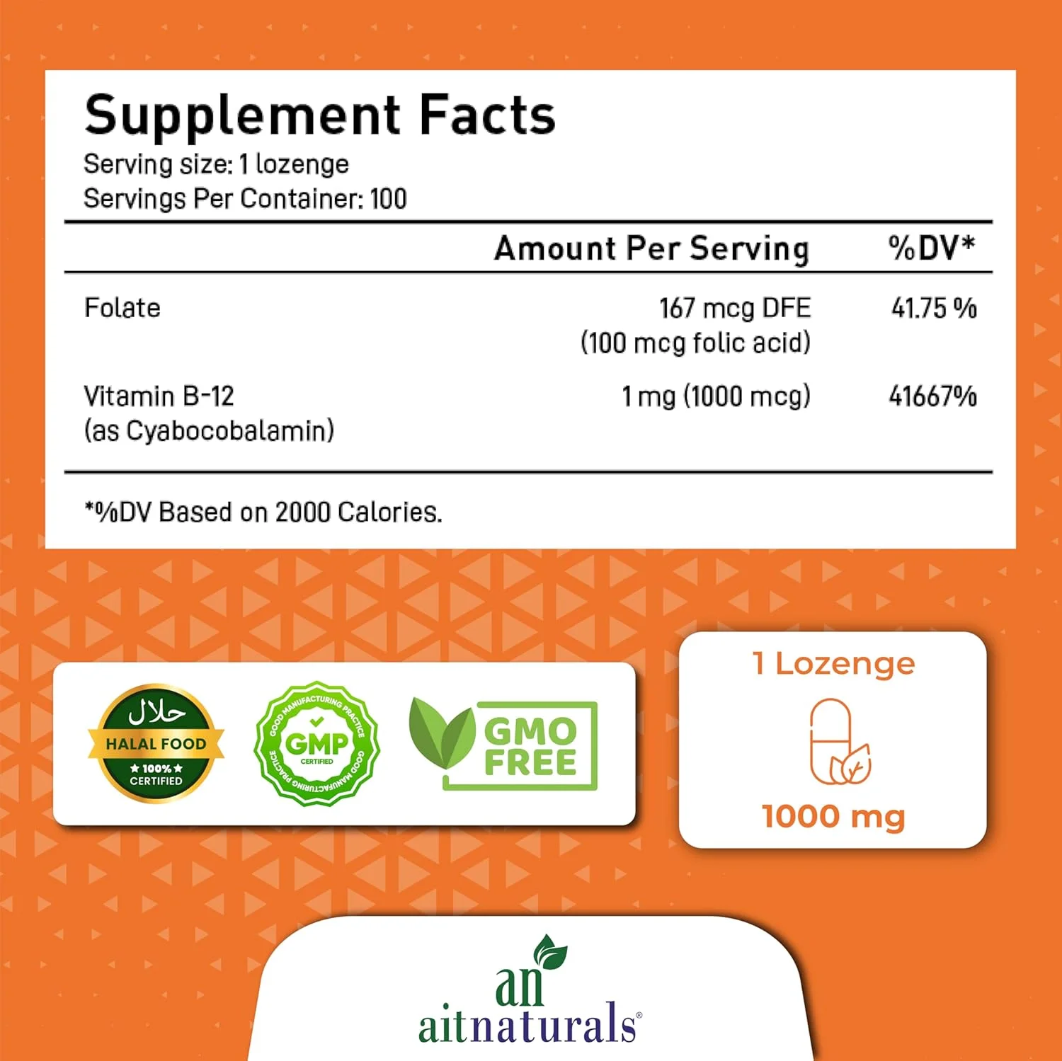 آیت نچرالز ویتامین ب۱۲ (۱۰۰۰ میکروگرم) - ۱۰۰ قرص مکیدنی | پشتیبانی از سیستم ایمنی و حافظه | تقویت تولید انرژی | حاوی فولیک اسید برای سلامت مغز، وضوح ذهنی و شادابی روزانه | مناسب گیاهخواران