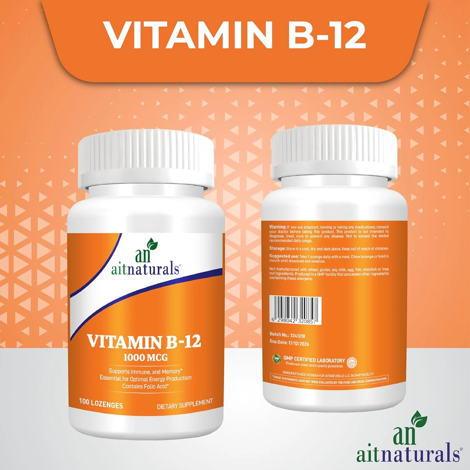 آیت نچرالز ویتامین ب۱۲ (۱۰۰۰ میکروگرم) - ۱۰۰ قرص مکیدنی | پشتیبانی از سیستم ایمنی و حافظه | تقویت تولید انرژی | حاوی فولیک اسید برای سلامت مغز، وضوح ذهنی و شادابی روزانه | مناسب گیاهخواران