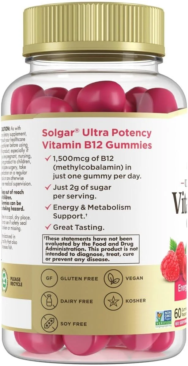 پاستیل متیل B12 سولگار برای بزرگسالان، 1500 میکروگرم ویتامین با قدرت فوق العاده برای حمایت از انرژی و متابولیسم، طعم تمشک، پاستیل وگان و بدون گلوتن برای زنان و مردان، 2 ماه مصرف، 60 سروینگ، 2 گرم شکر