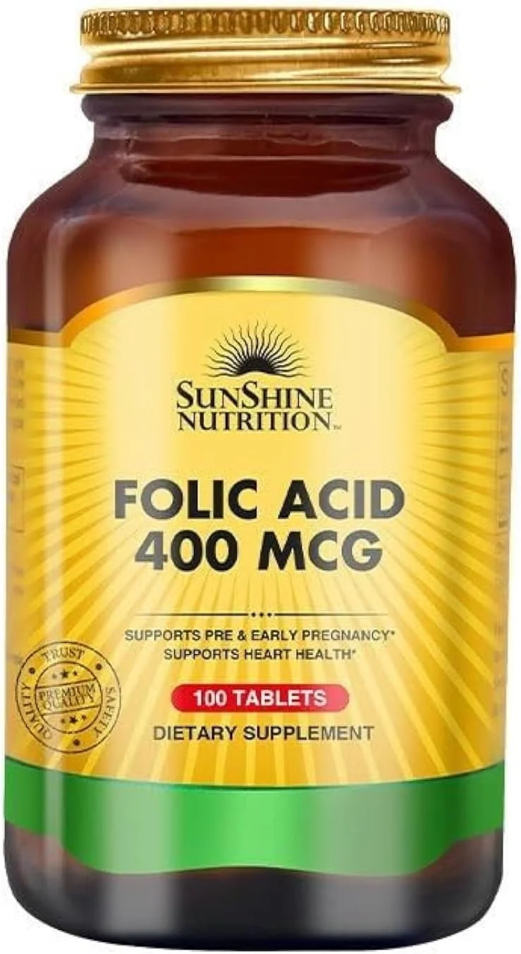 قرص فولیک اسید 400 میکروگرم سان شاین نوتریشن | حاوی ویتامین B9 | پشتیبانی از دوران قبل و اوایل بارداری | پشتیبانی از عملکرد سالم بدن | 100 عدد