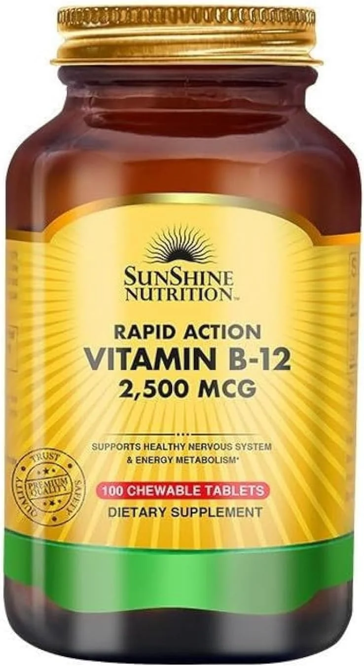 قرص ویتامین ب۱۲ ۲۵۰۰ میکروگرم سان شاین نوتریشن | کمک به تولید گلبول های قرمز خون | پشتیبانی از حفظ تراکم استخوان | افزایش سوخت و ساز بدن | ۱۰۰ عدد