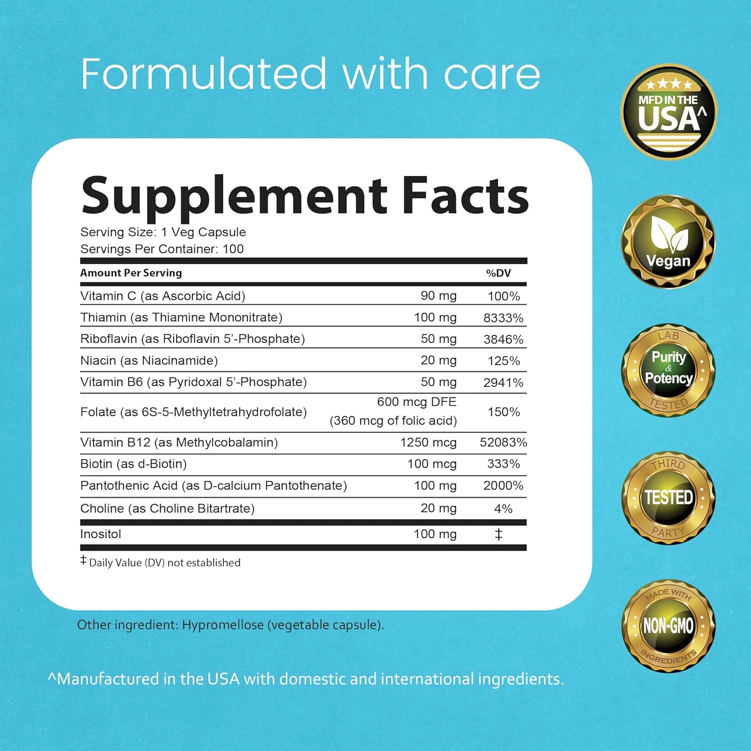 کمپلکس ویتامین B با ویتامین C و اسید فولیک - B12، B1، B2، B3، ویتامین B5 پانتوتنیک اسید، B6، B7، B9 - پشتیبانی از سیستم عصبی و متابولیسم انرژی - 100 کپسول گیاهی
