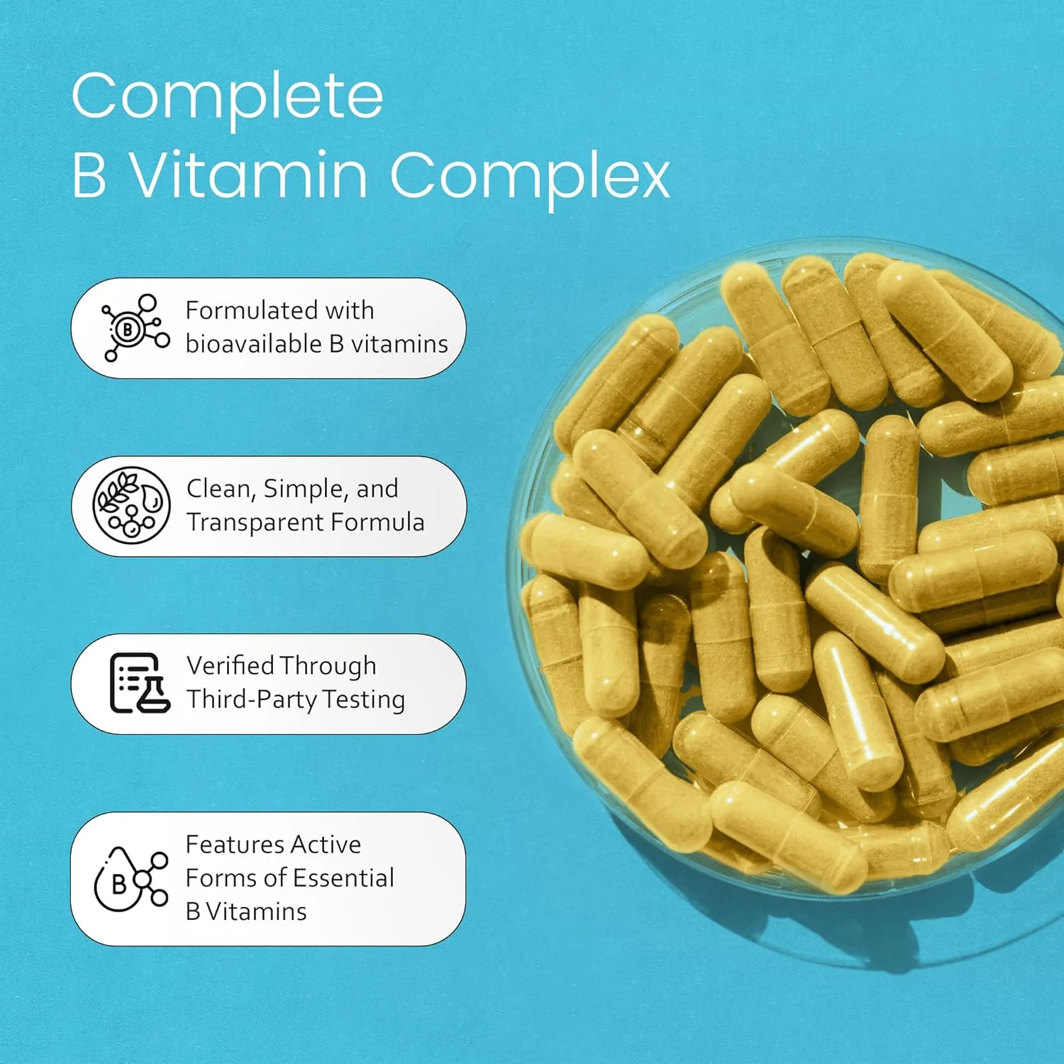 کمپلکس ویتامین B با ویتامین C و اسید فولیک - B12، B1، B2، B3، ویتامین B5 پانتوتنیک اسید، B6، B7، B9 - پشتیبانی از سیستم عصبی و متابولیسم انرژی - 100 کپسول گیاهی